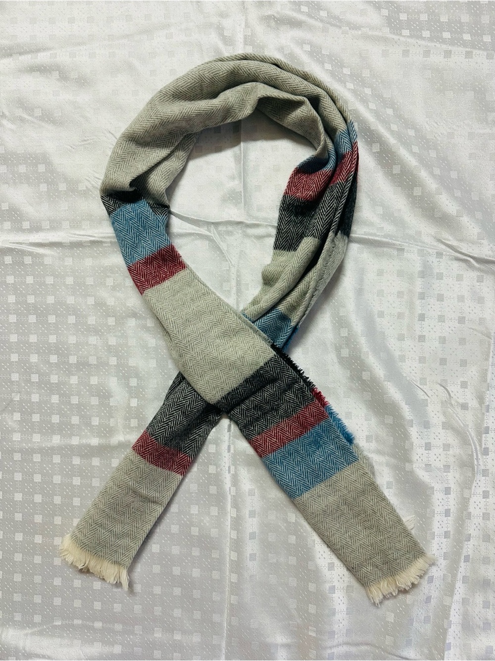 Isaac Mizrahi Beige Scarf with Blue, Red and Black Stripes